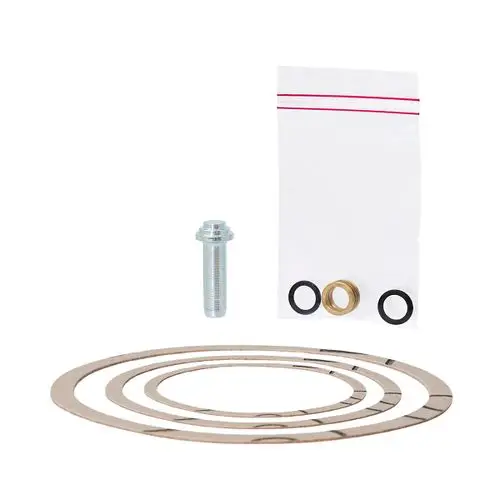 Dichtungsset bestehend aus drei Dichtscheiben, einem Metalladapter und drei O-Ringen, verpackt in einer durchsichtigen Tüte. Ideal für ESBE Mischer.